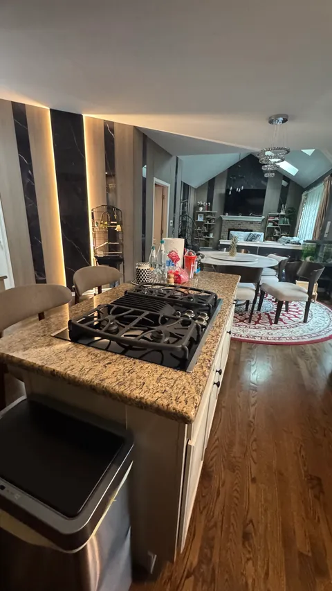 Degreased gas cooktop on a clean granite kitchen island beside the dining area